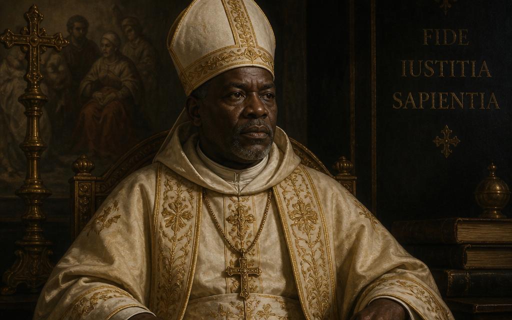 African Popes: A classical portrait of a pope in papal robes with gold embroidery against a dark scholarly background